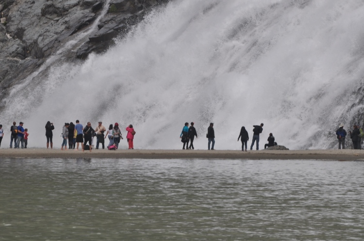 people in front of waterfall 